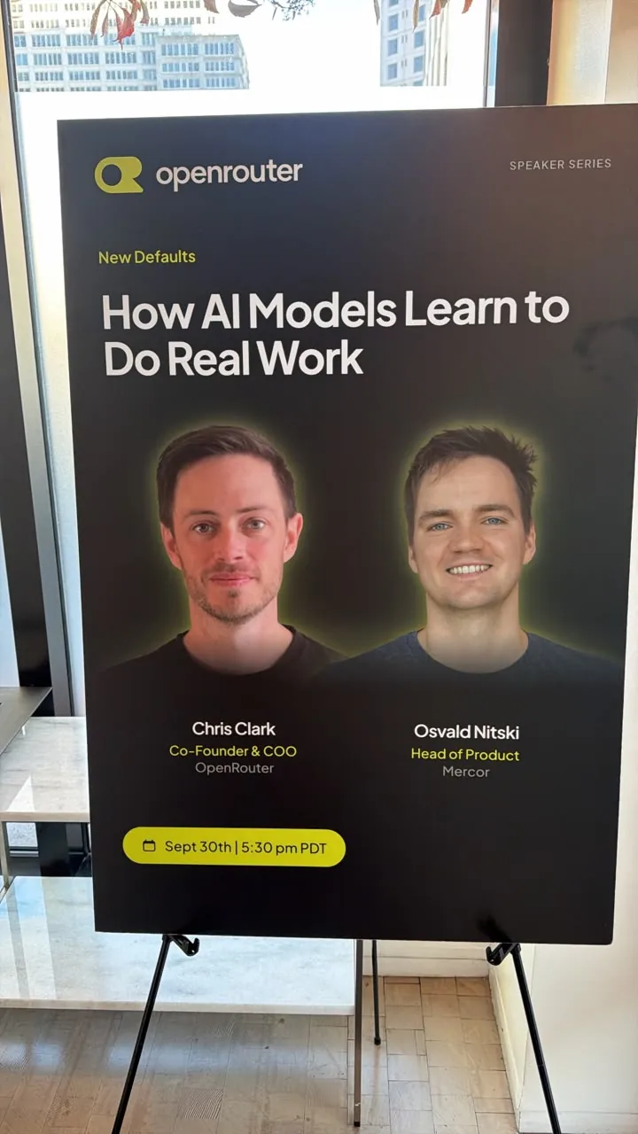 Cartel de How AI Models Learn to Do Real Work, de OpenRouter, con Chris Clark y Osvald Nitski